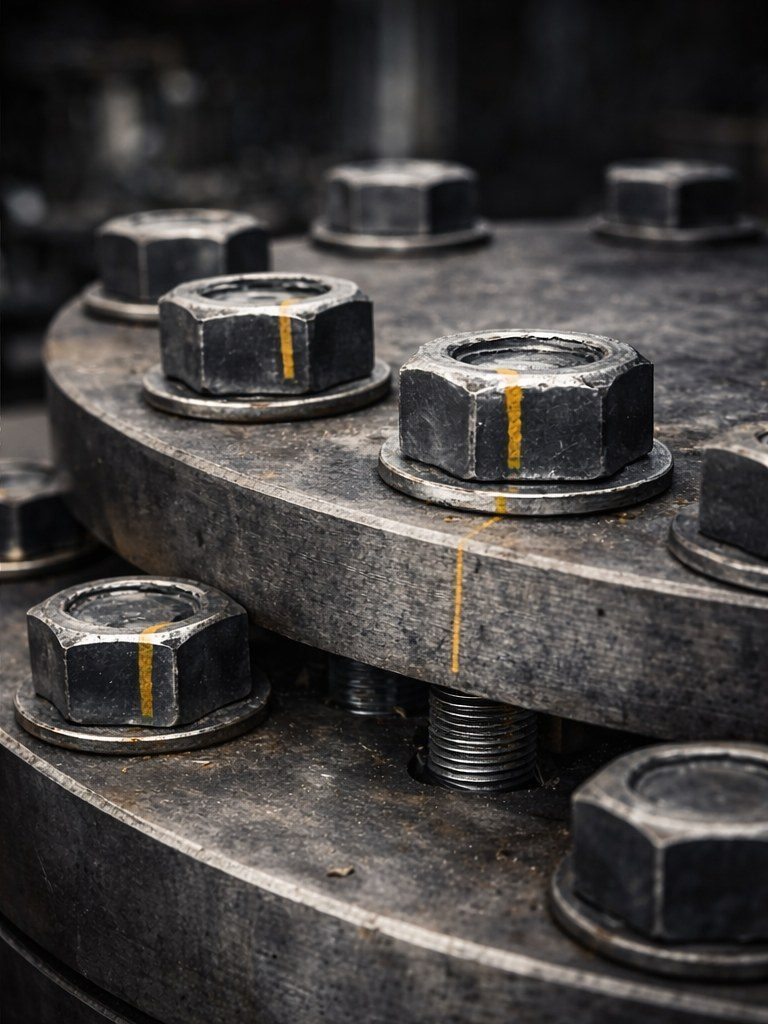 Bolted flange interface with witness mark showing micro-rotation under vibration